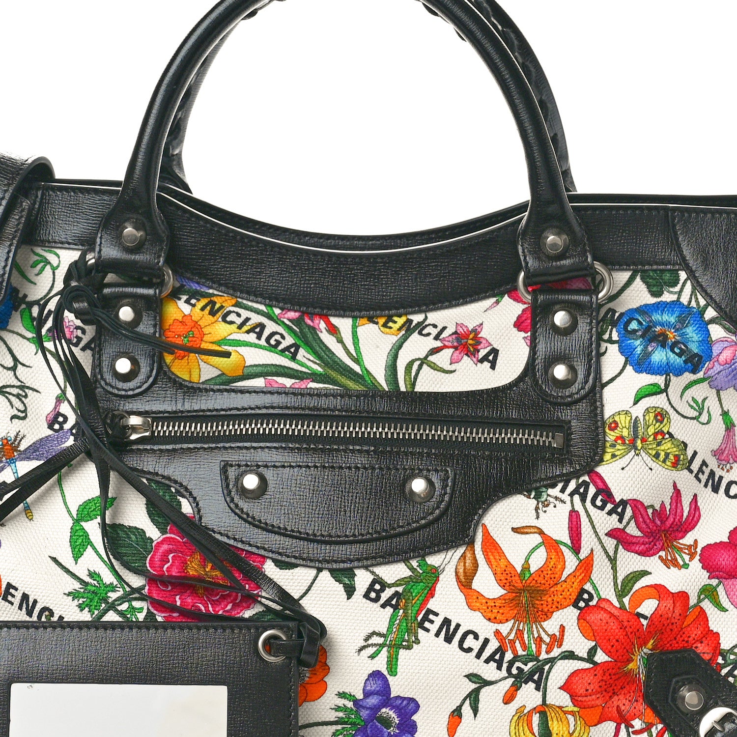 Balenciaga X GUCCI Canvas Azalea Calfskin Flora Logo Print Neo Classic Silver Hardware Medium City White Multicolor Black 9 of 11
