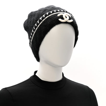 Chanel Cashmere Wool CC Beanie Hat Black Light Beige 2 of 5