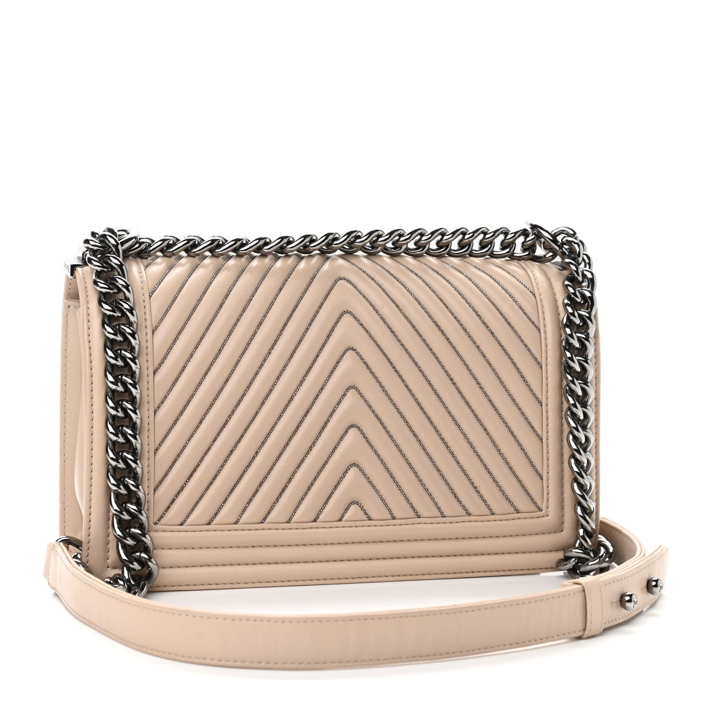 Lambskin Chevron Chain Stitched Medium Boy Flap Beige