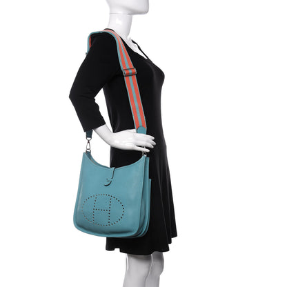 Hermes Taurillon Clemence Amazone Evelyne III PM Bleu Saint Cyr Orange Poppy 2 of 11