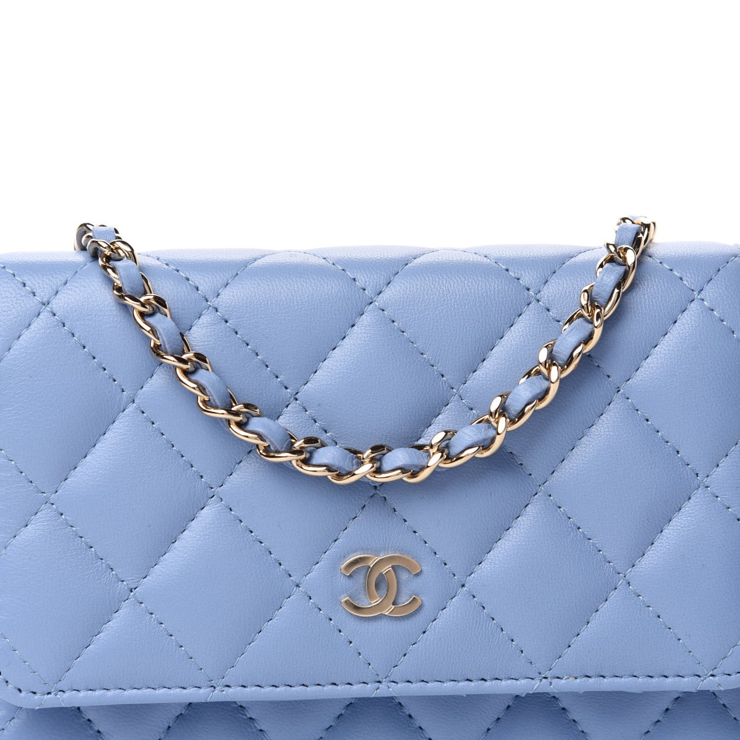 Lambskin Quilted Mini Wallet On Chain WOC Light Blue