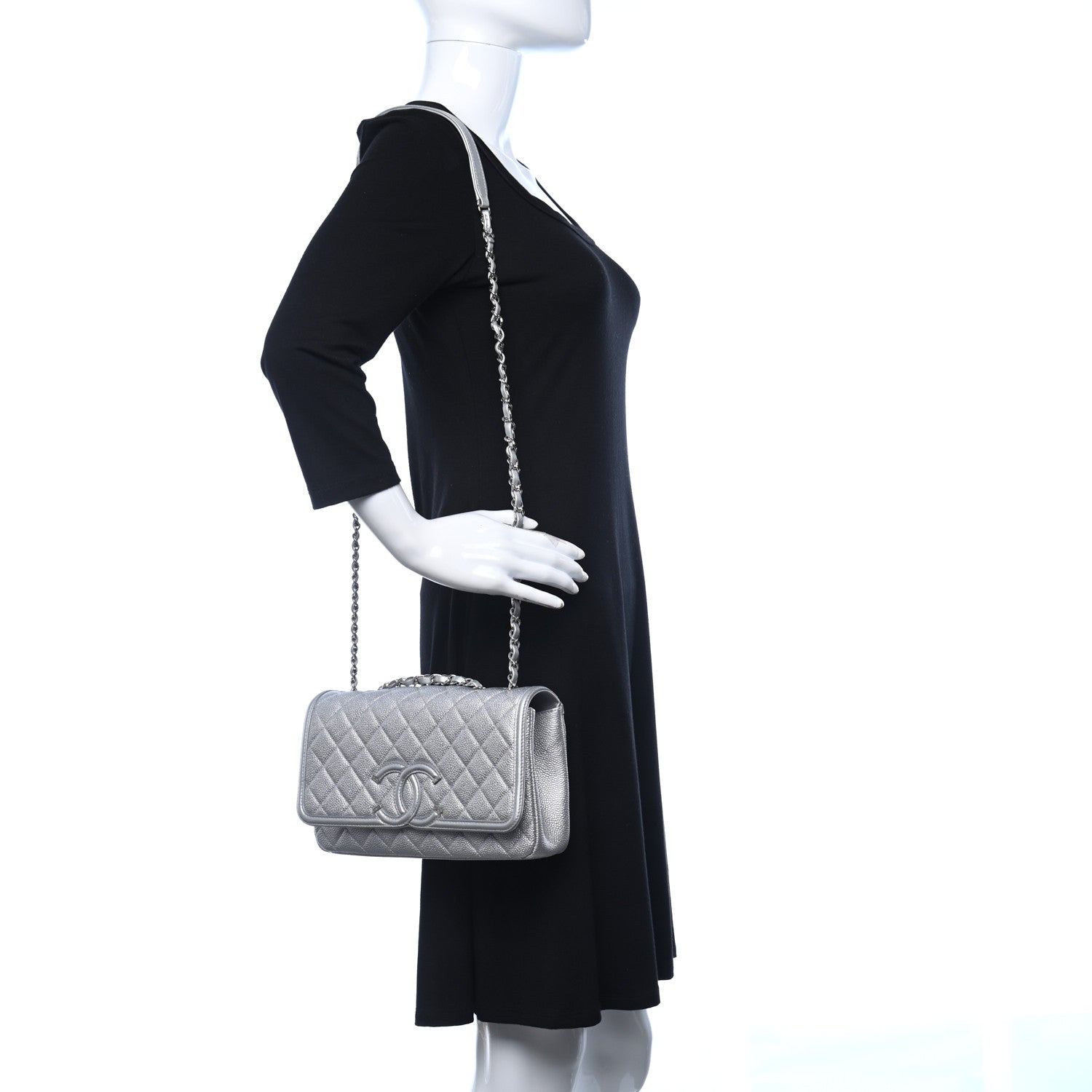 Chanel Metallic Caviar Quilted Medium CC Filigree Flap Silver 2 of 9