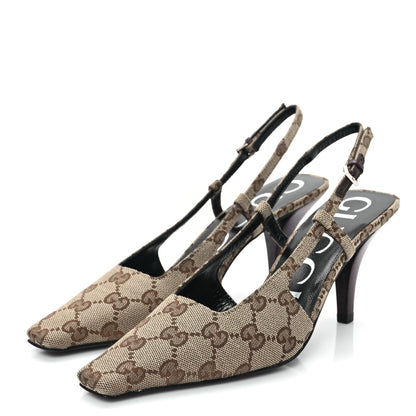 Gucci Monogram Malga Kid Square G 75mm Slingback Pumps 35 Beige Ebony New Acero 4 of 9