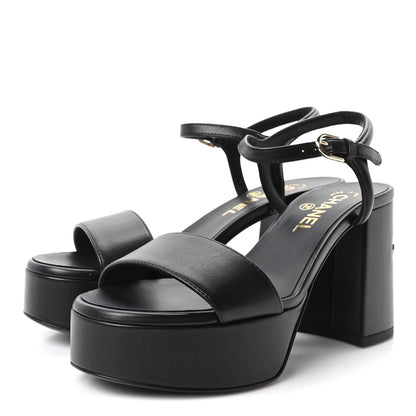 Chanel Lambskin Logo Platform Sandals 37 Black 4 of 10
