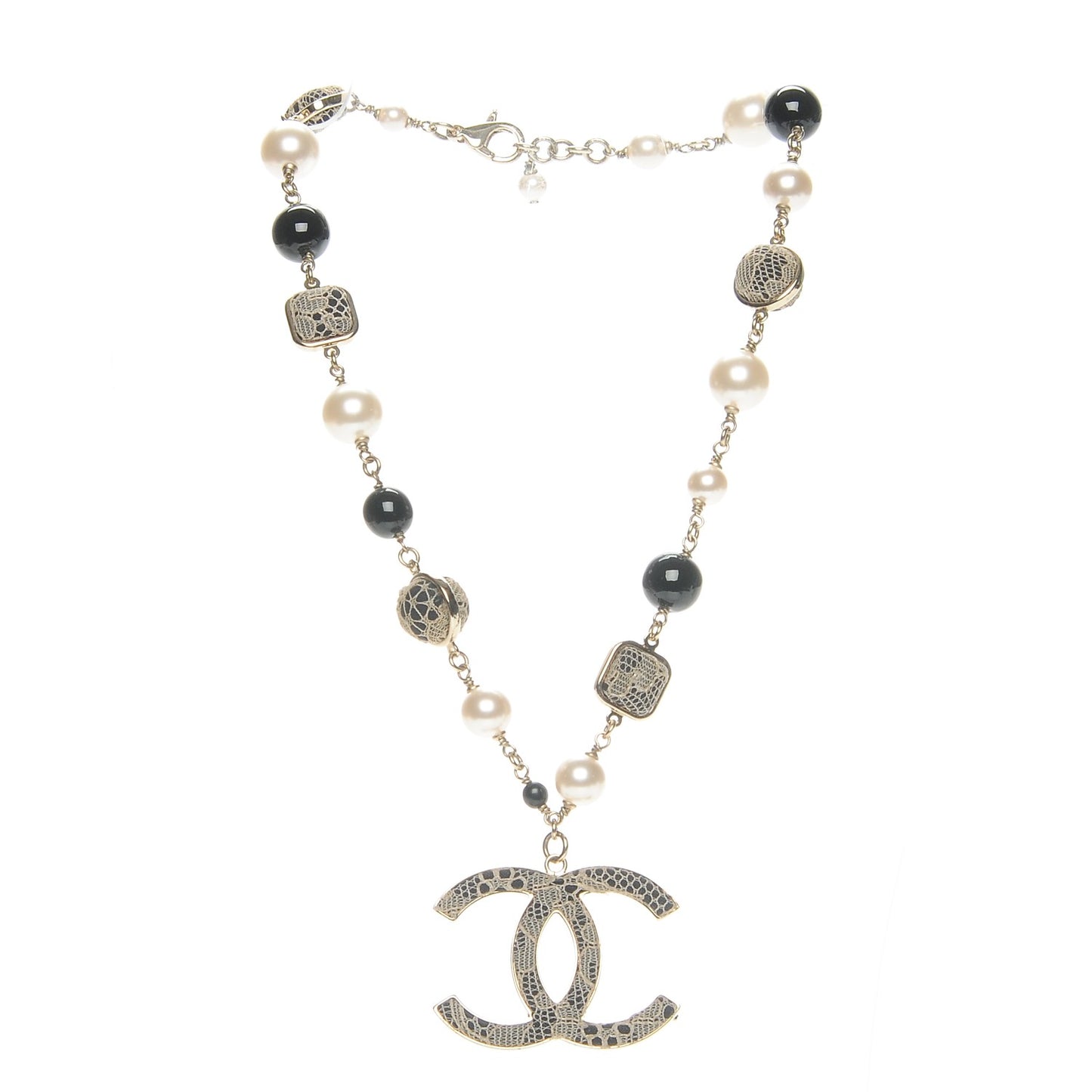 Pearl Beaded Lace CC Necklace Black Gold