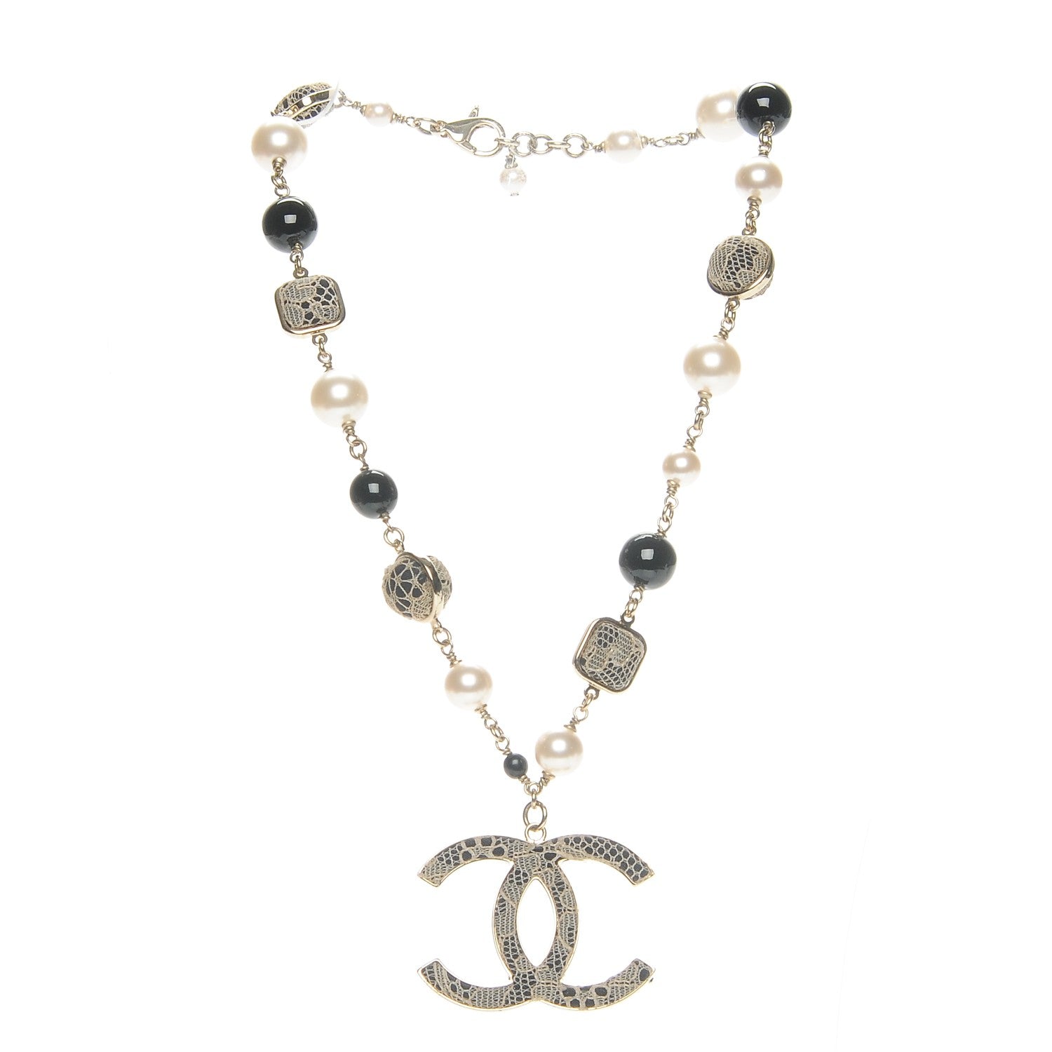 Chanel Pearl Beaded Lace CC Necklace Black Gold 3 of 5