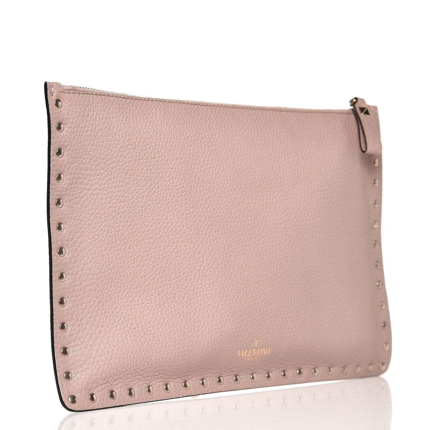 Pebbled Calfskin Large Rockstud Zip Pouch Poudre