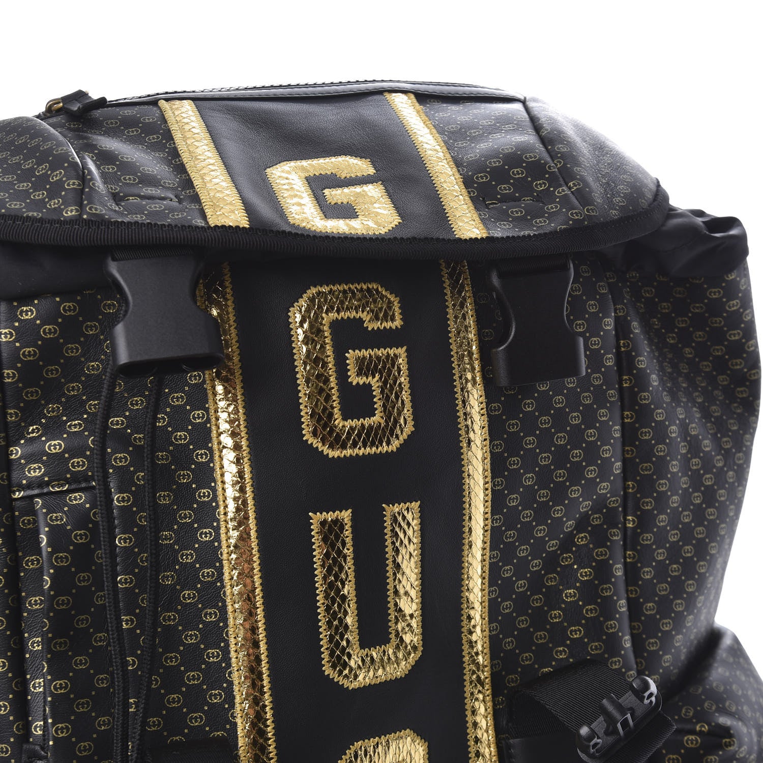 Gucci X DAPPER DAN Calfskin Laminated Ayers GG Micro Monogram Double Buckle Backpack Black Gold 9 of 19