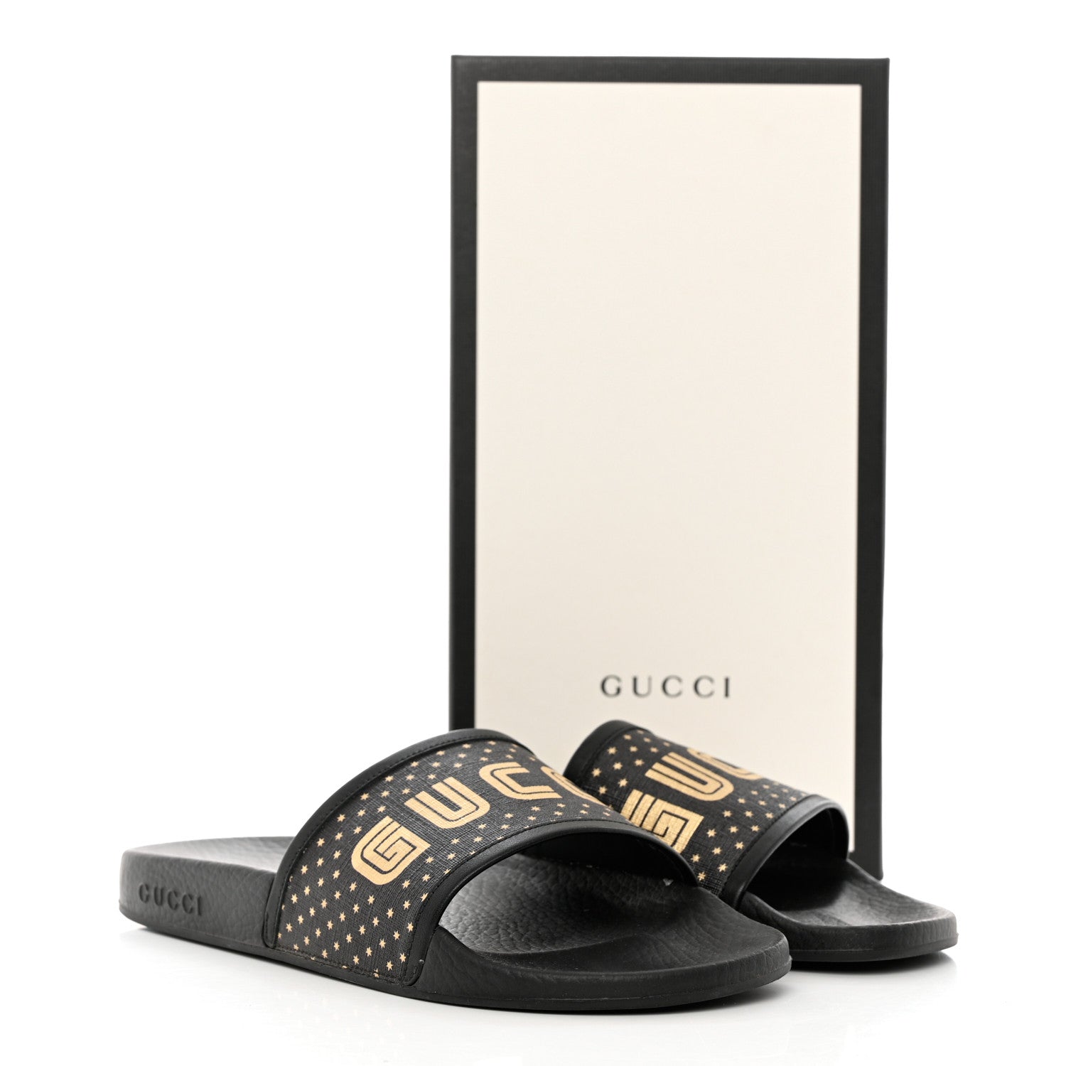 Gucci X SEGA Supreme Canvas GUCCY Stars Womens Slide Sandals 39 Black Gold 10 of 10