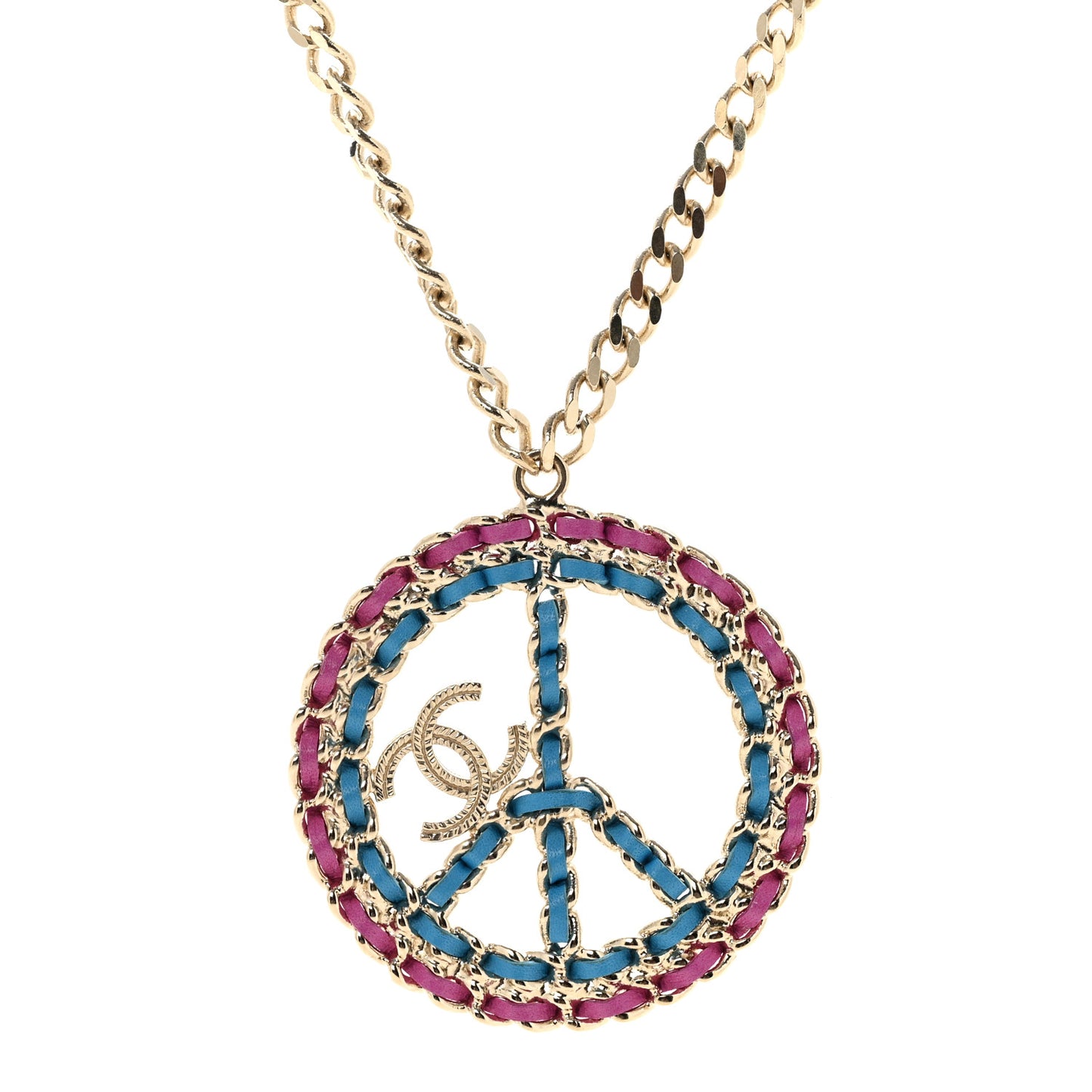 Metal Calfskin Chain Peace Sign CC Necklace Blue Purple Gold