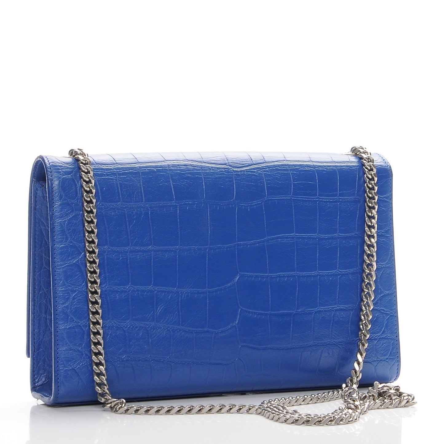 Calfskin Crocodile Embossed Medium Classic Monogram Kate Tassel Satchel Bleu Majorelle