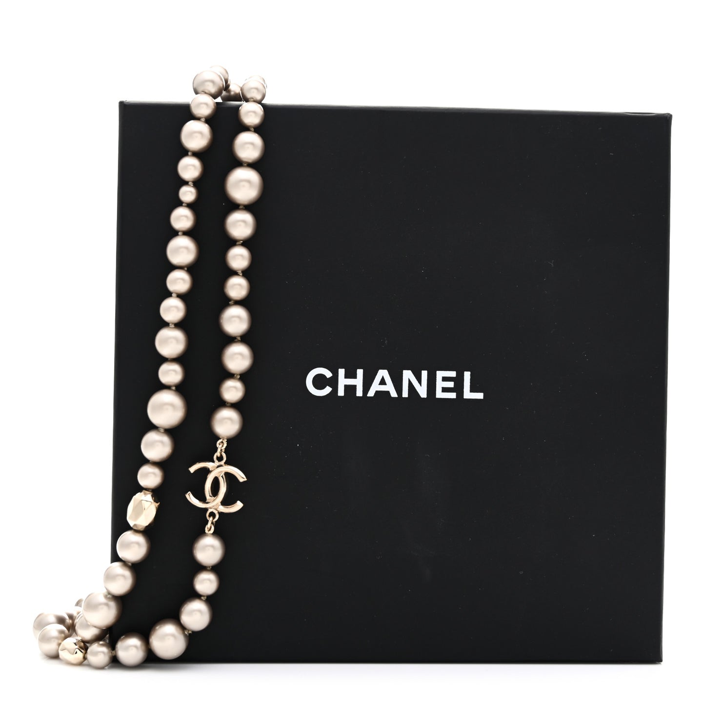 Resin Pearl Metal CC Long Necklace Golden Pearly Beige