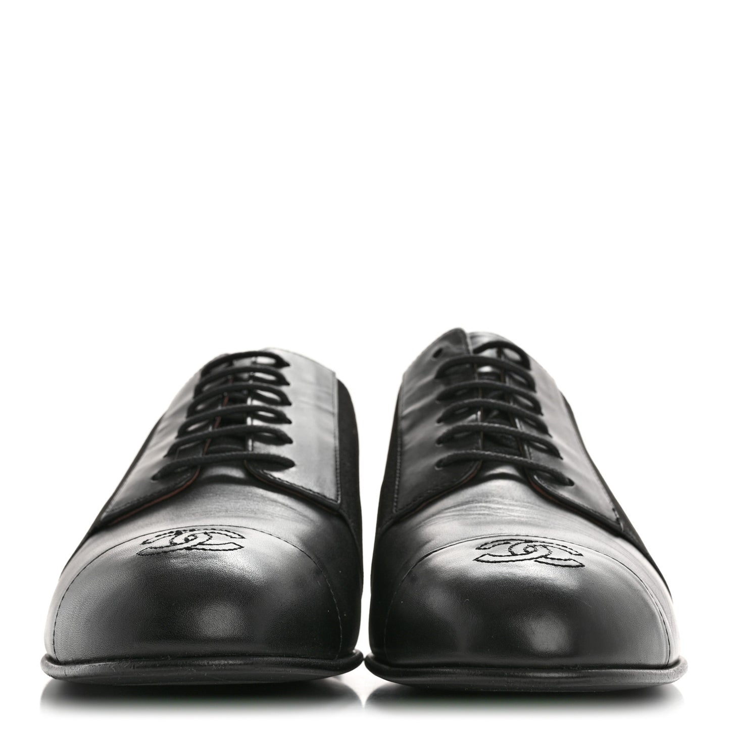 Calfskin Elastic Lace Up Cap Toe CC Loafers 38.5 Black
