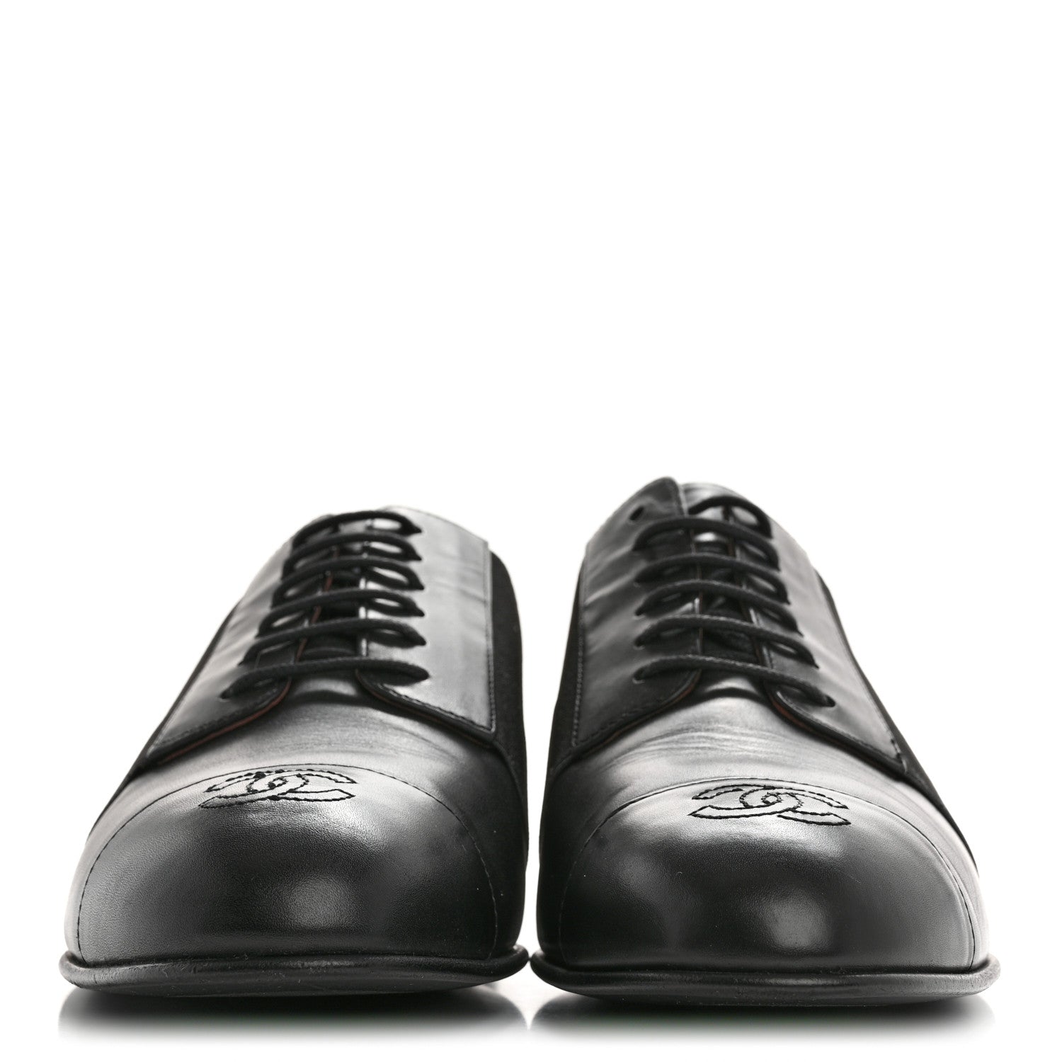 Chanel Calfskin Elastic Lace Up Cap Toe CC Loafers 38.5 Black 3 of 11