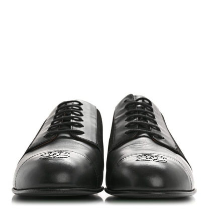 Chanel Calfskin Elastic Lace Up Cap Toe CC Loafers 38.5 Black 3 of 11
