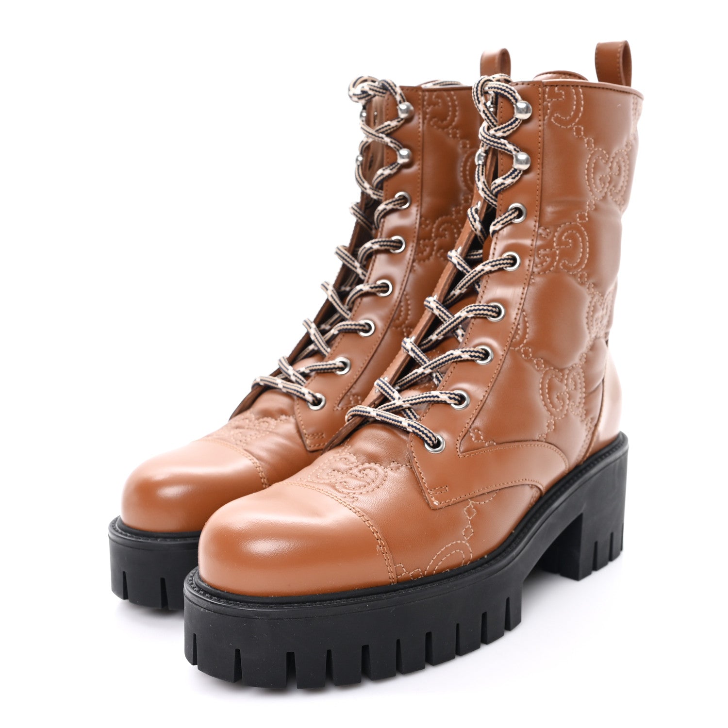 Gucci Cordovan Lux Nappa GG Matelasse Lace Up 60mm Combat Boots