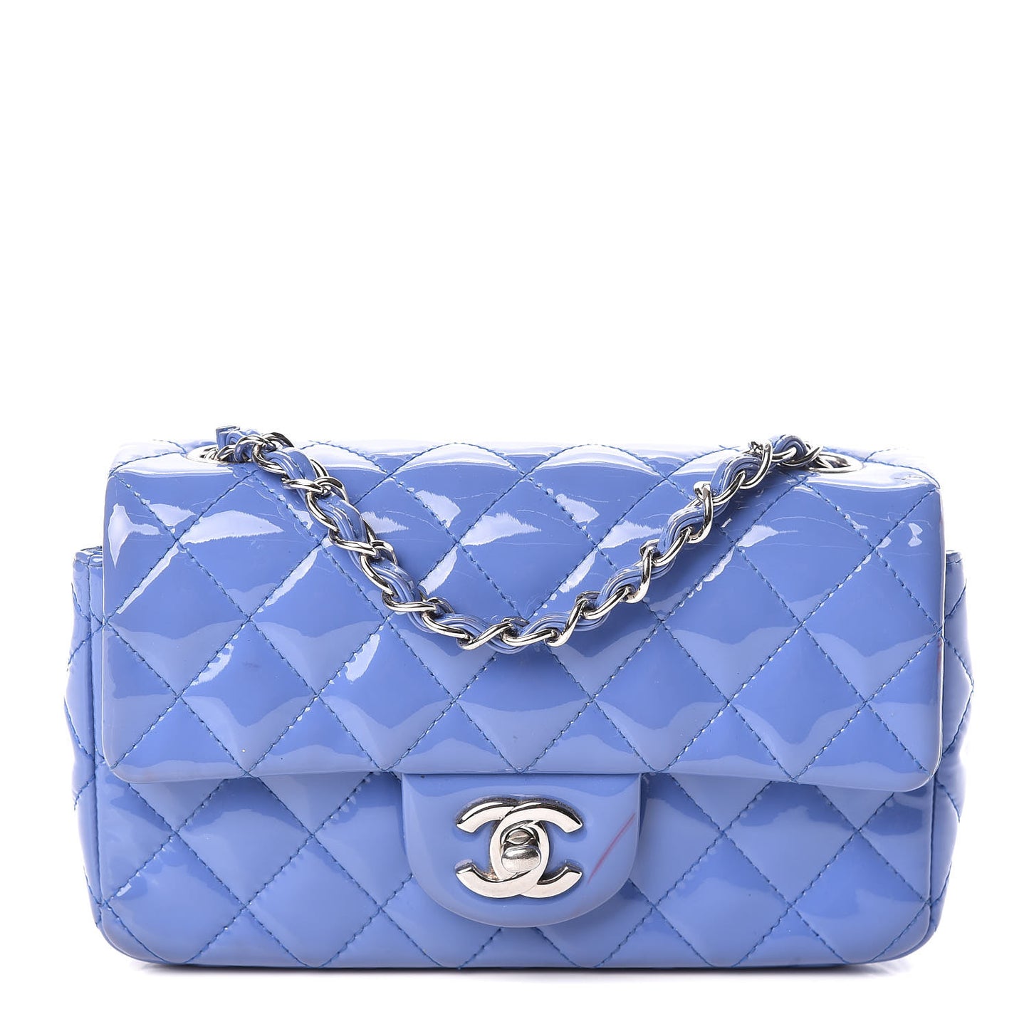 Patent Calfskin Quilted Mini Rectangular Flap Blue
