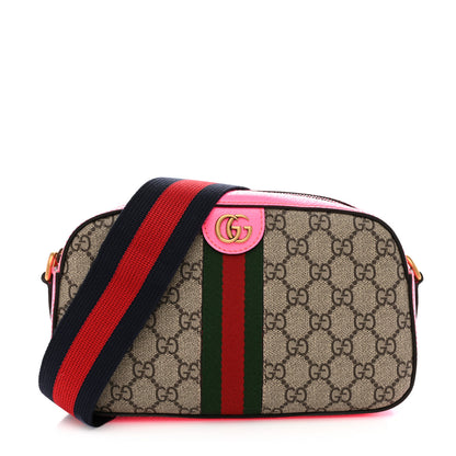 Gucci GG Supreme Monogram Textured Dollar Calfskin Web Ophidia Small Crossbody Bag Beige Ebony Fuchsia 1 of 11