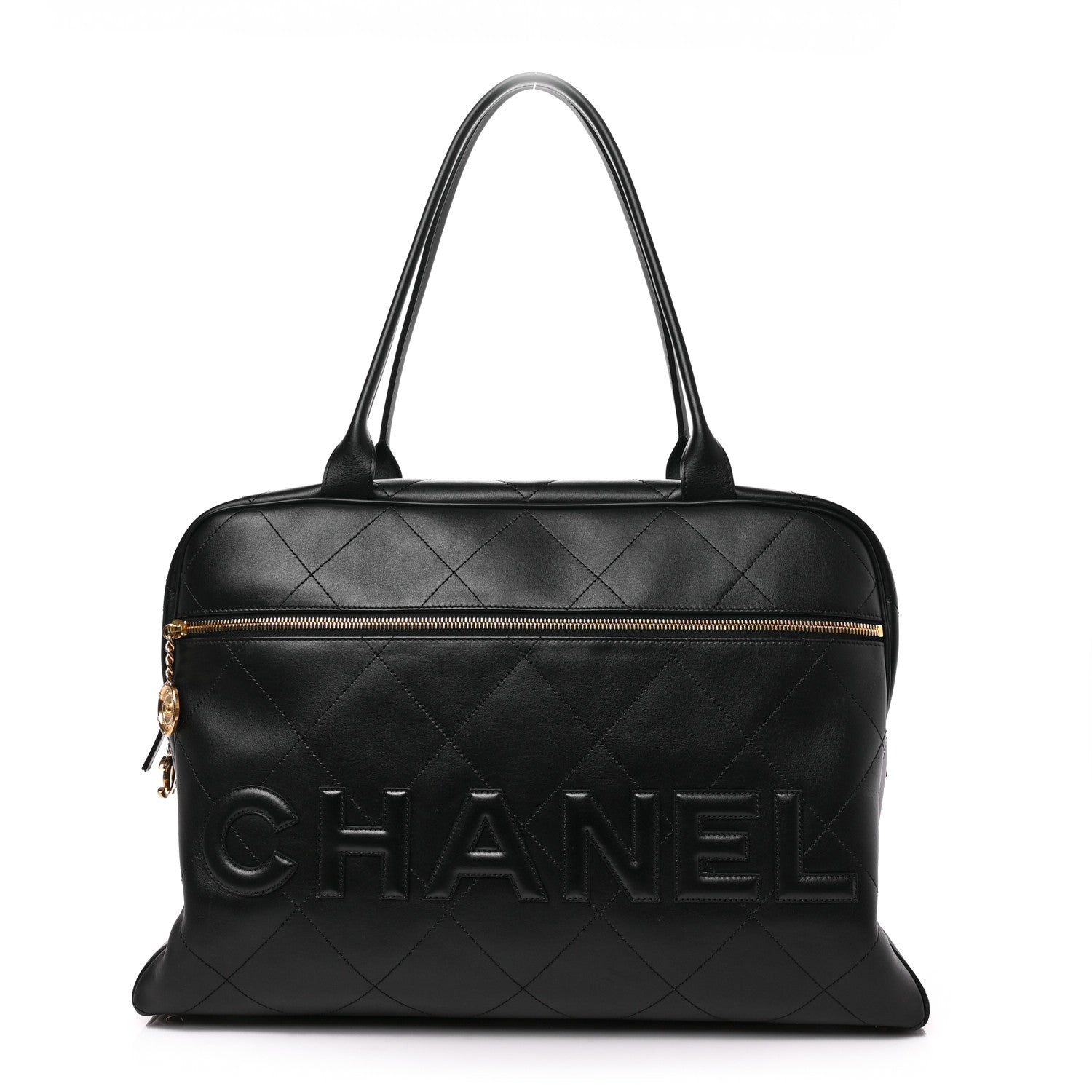 Chanel Calfskin Stitched Maxi Logo Bowling Bag Black 1 of 8