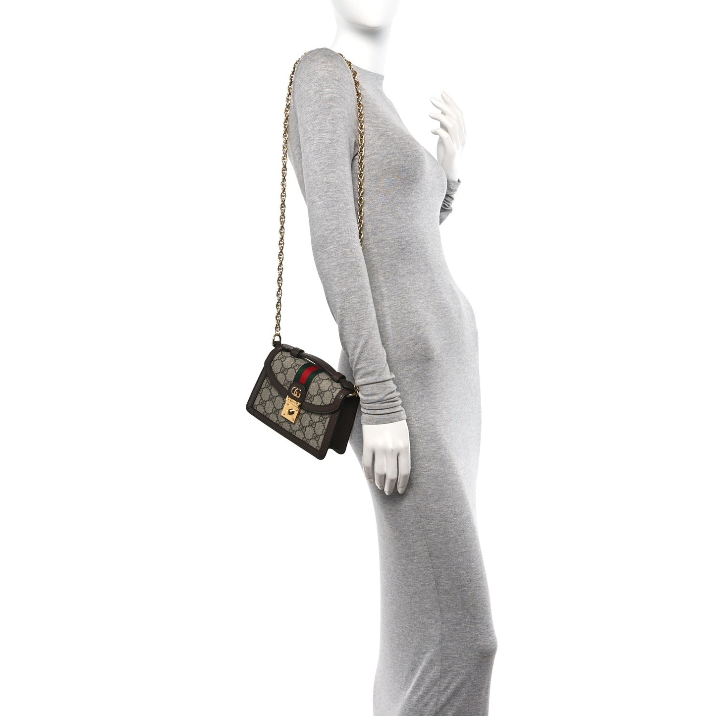 GG Supreme Monogram Textured Dollar Calfskin Web Mini Ophidia Padlock Top Handle Chain Shoulder Bag Beige Ebony New Acero