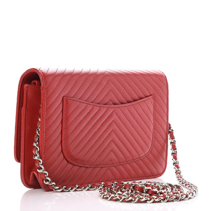 Chanel Caviar Chevron Quilted Wallet On Chain WOC Red 3 of 7