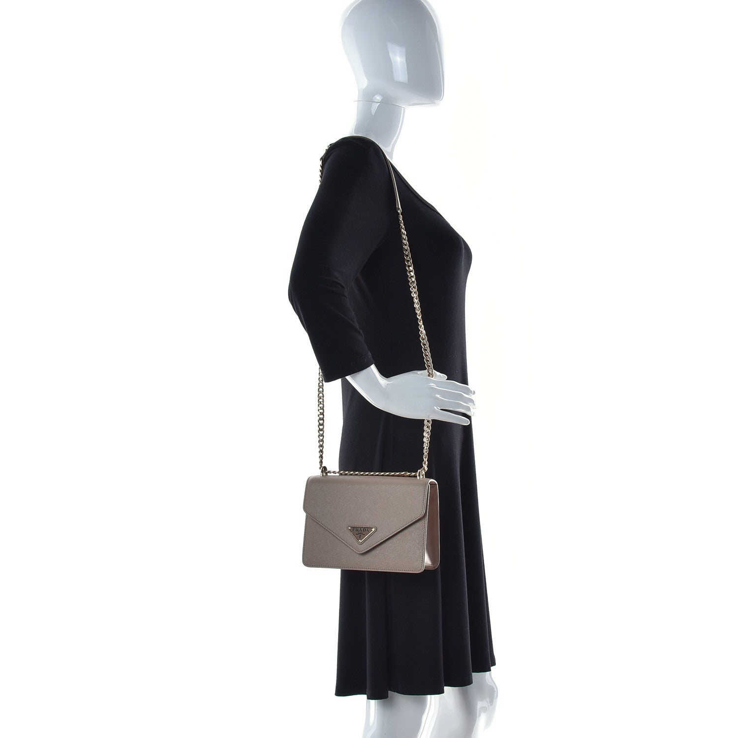 Prada Saffiano Soft Calfskin Metal Triangle Logo Envelope Chain Shoulder Bag Cammeo 2 of 6