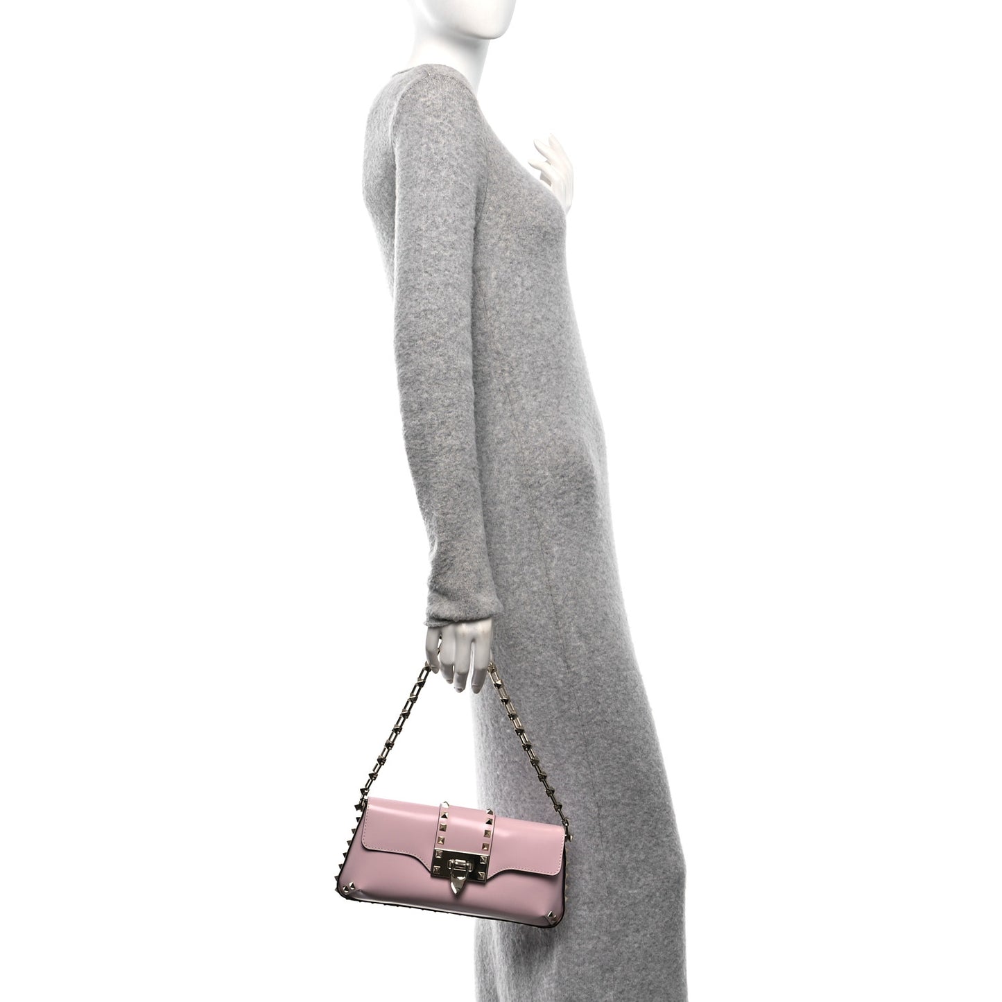 Brushed Calfskin Rockstud Flip Lock Chain Shoulder Bag Rose Quartz