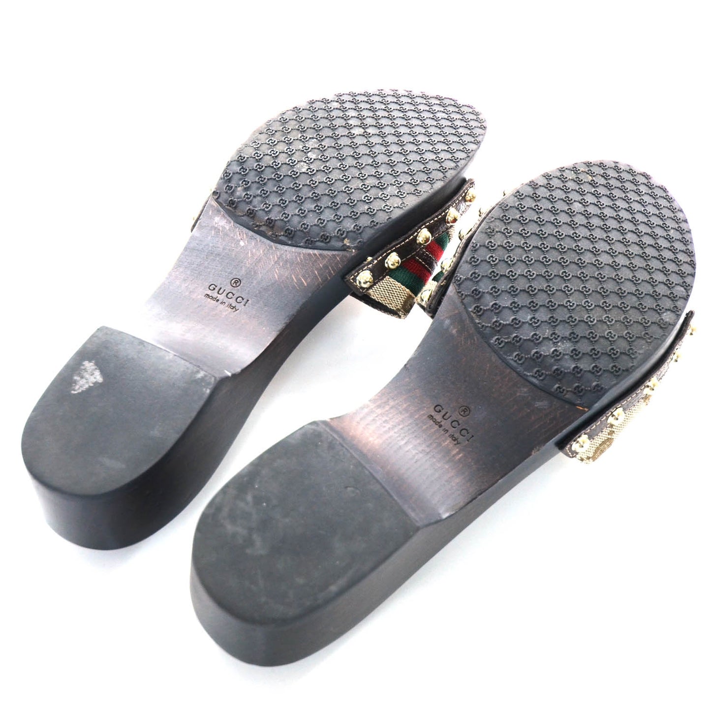 Monogram Natural Pigskin Web Horsebit Clog Slide Sandals 9.5 Beige Ebony Cocoa