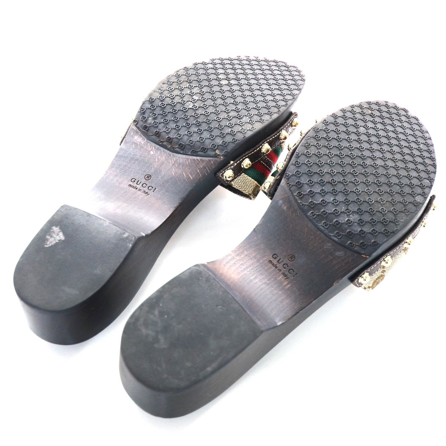 Gucci Monogram Natural Pigskin Web Horsebit Clog Slide Sandals 9.5 Beige Ebony Cocoa 6 of 8