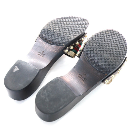 Gucci Monogram Natural Pigskin Web Horsebit Clog Slide Sandals 9.5 Beige Ebony Cocoa 6 of 8