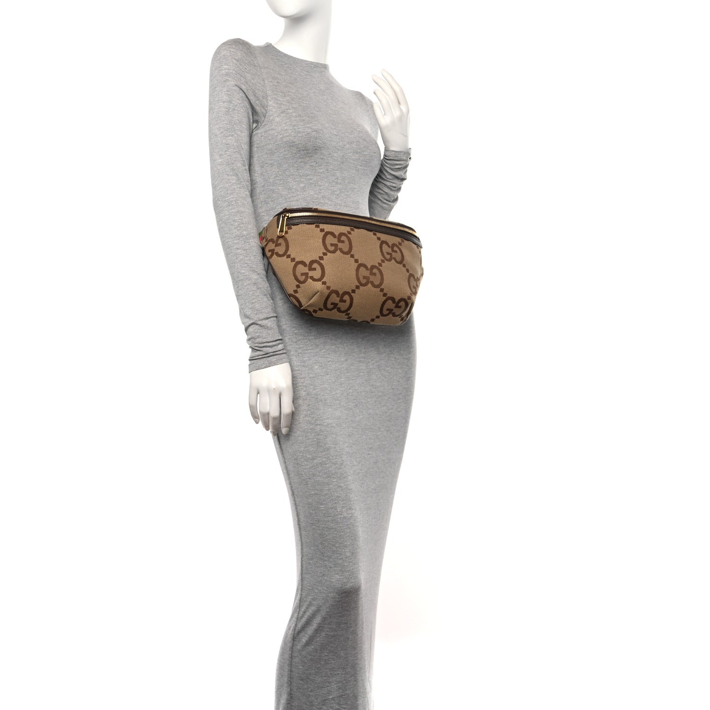 Monogram Jumbo GG Textured Dollar Calfskin Web Belt Bag Camel Ebony New Acero