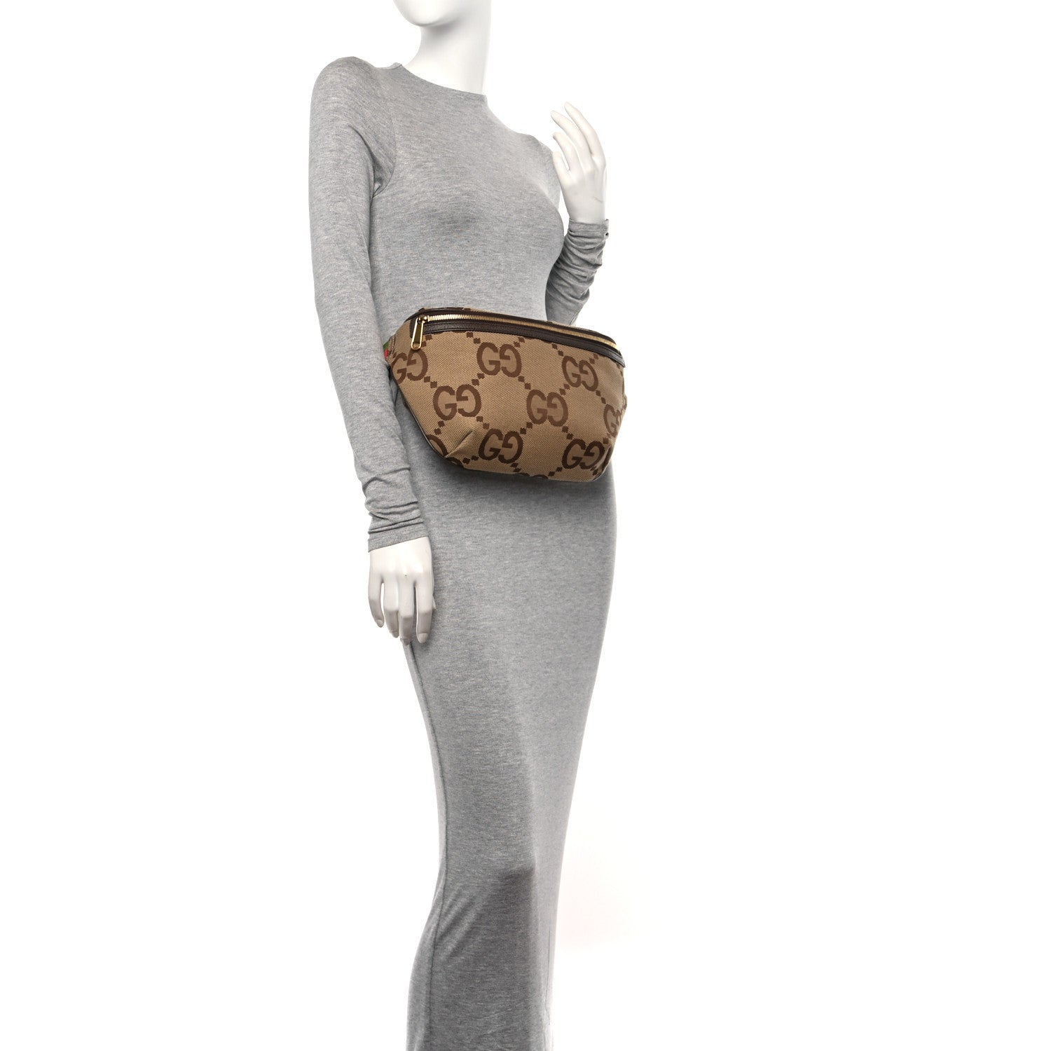 Gucci Monogram Jumbo GG Textured Dollar Calfskin Web Belt Bag Camel Ebony New Acero 2 of 9