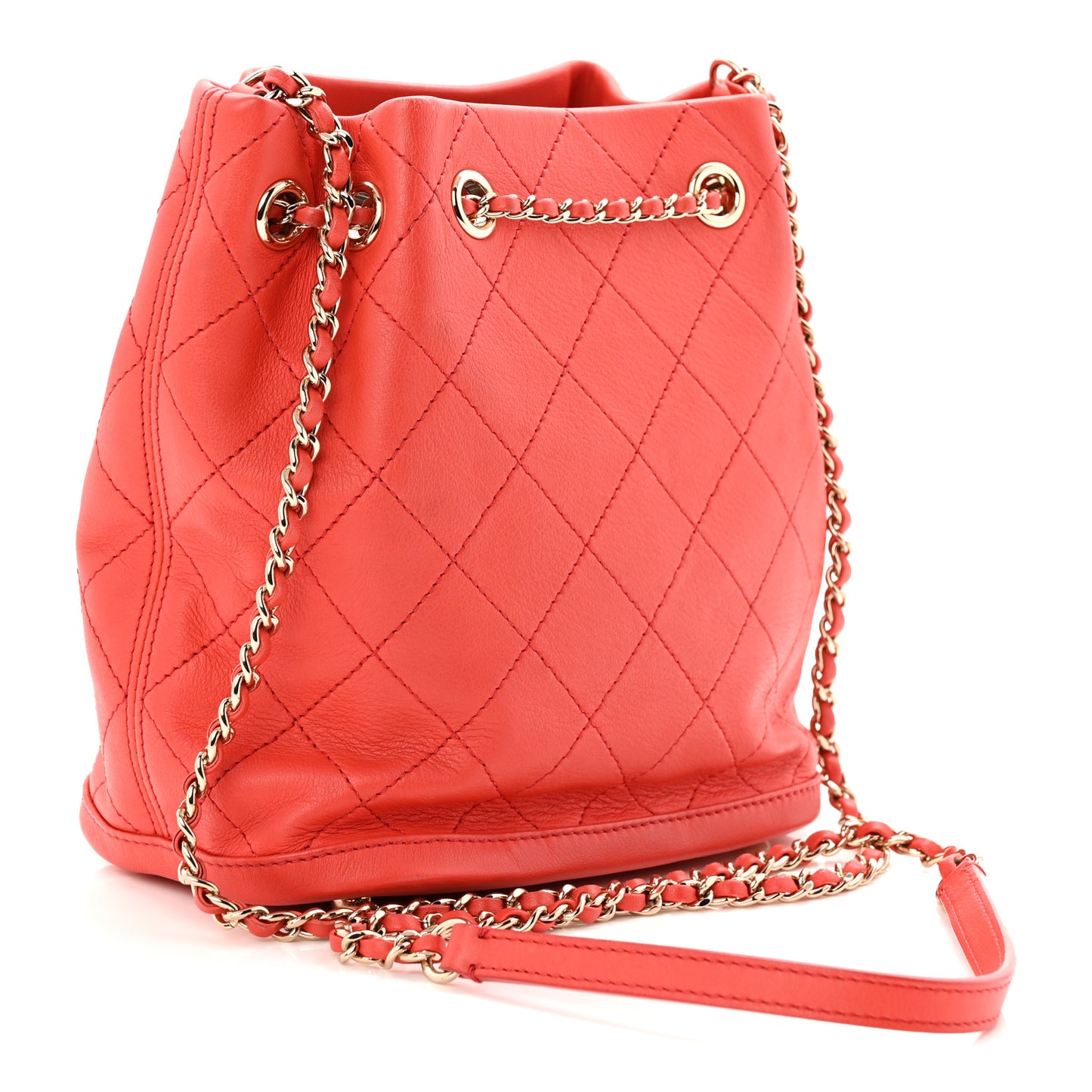 Calfskin Stitched Chain Bucket Bag Coral