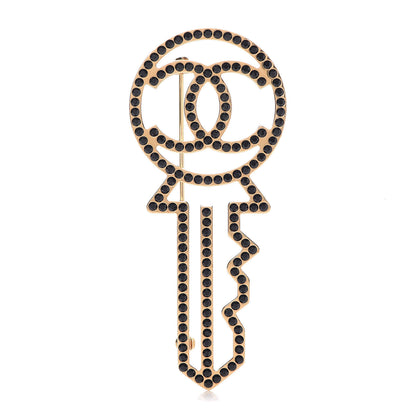 Chanel Crystal CC Key Brooch Black Gold 1 of 5