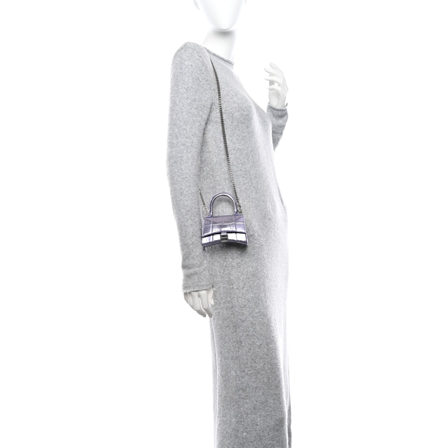 Metallic Calfskin Crocodile Embossed Hourglass Top Handle Bag Mini with Chain Lilac