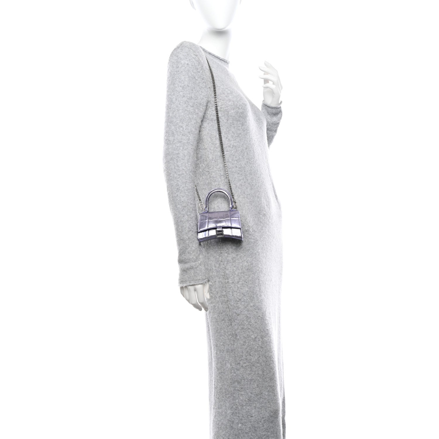 Balenciaga Metallic Calfskin Crocodile Embossed Hourglass Top Handle Bag Mini with Chain Lilac 2 of 10