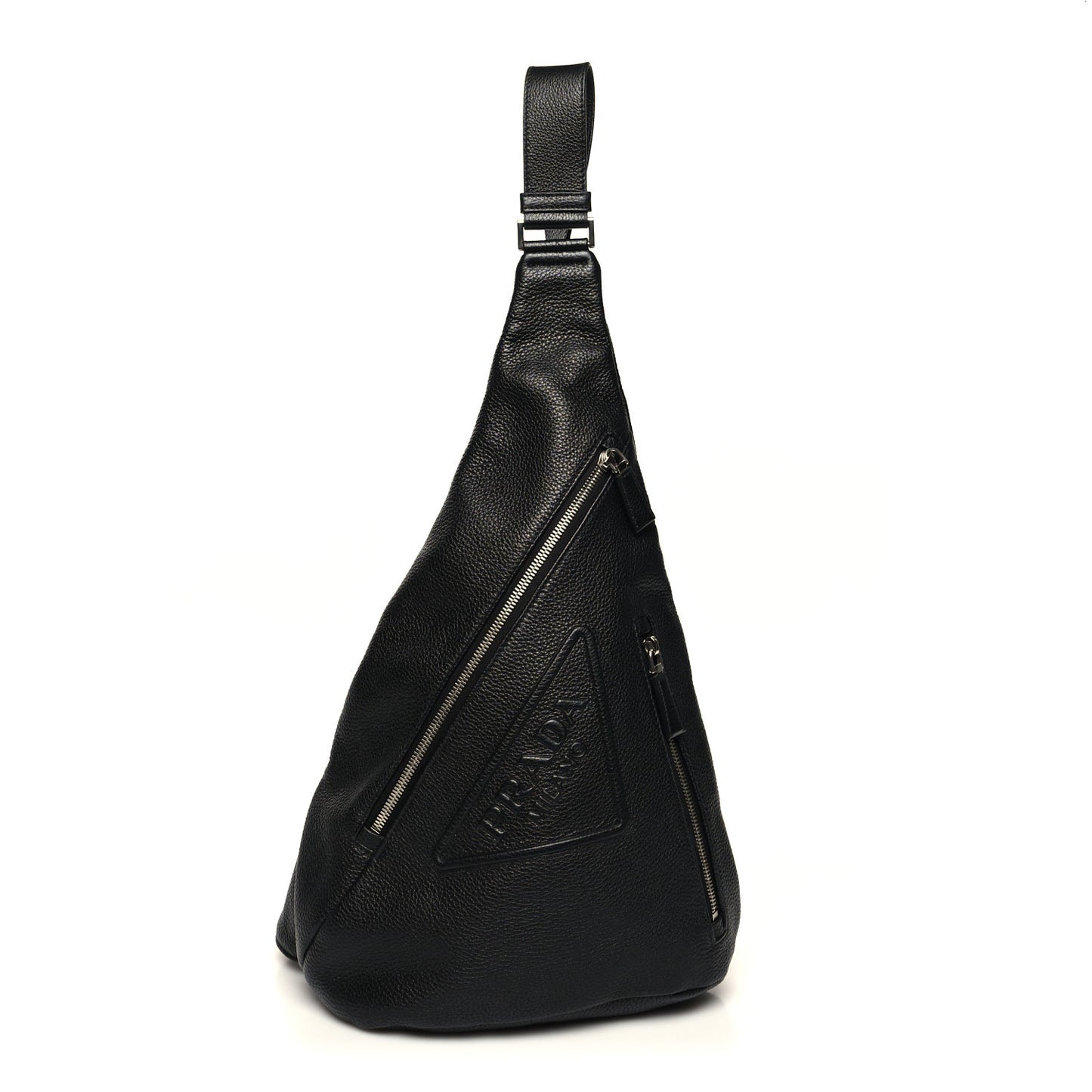 Vitello Daino Logo Embossed Cross Sling Backpack Black