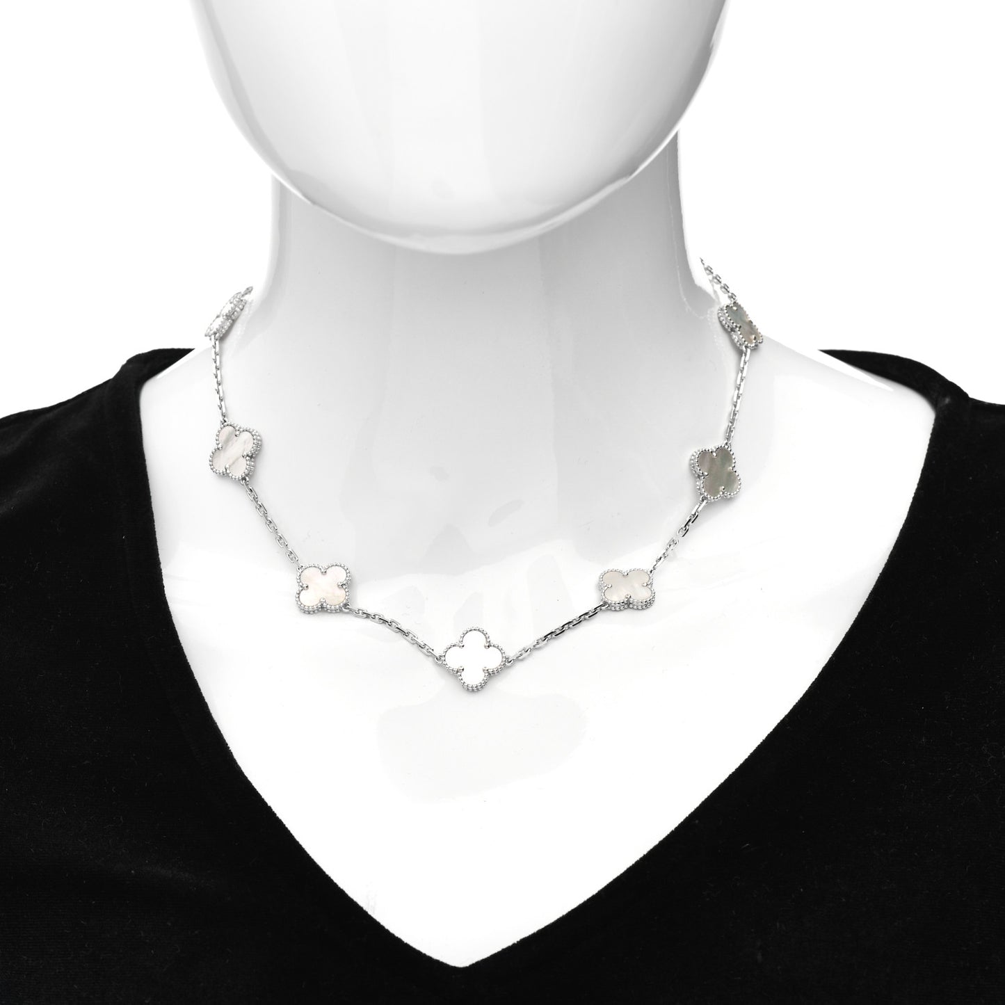 18K White Gold Mother of Pearl 10 Motifs Vintage Alhambra Necklace