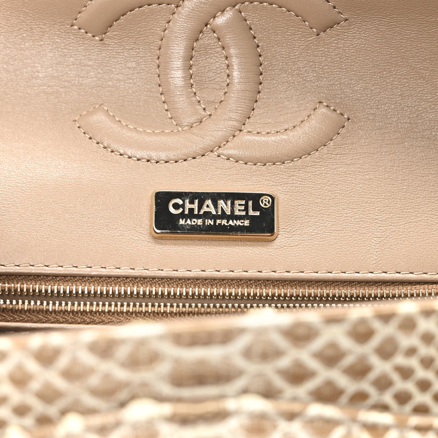 Snakeskin Medium Double Flap Beige