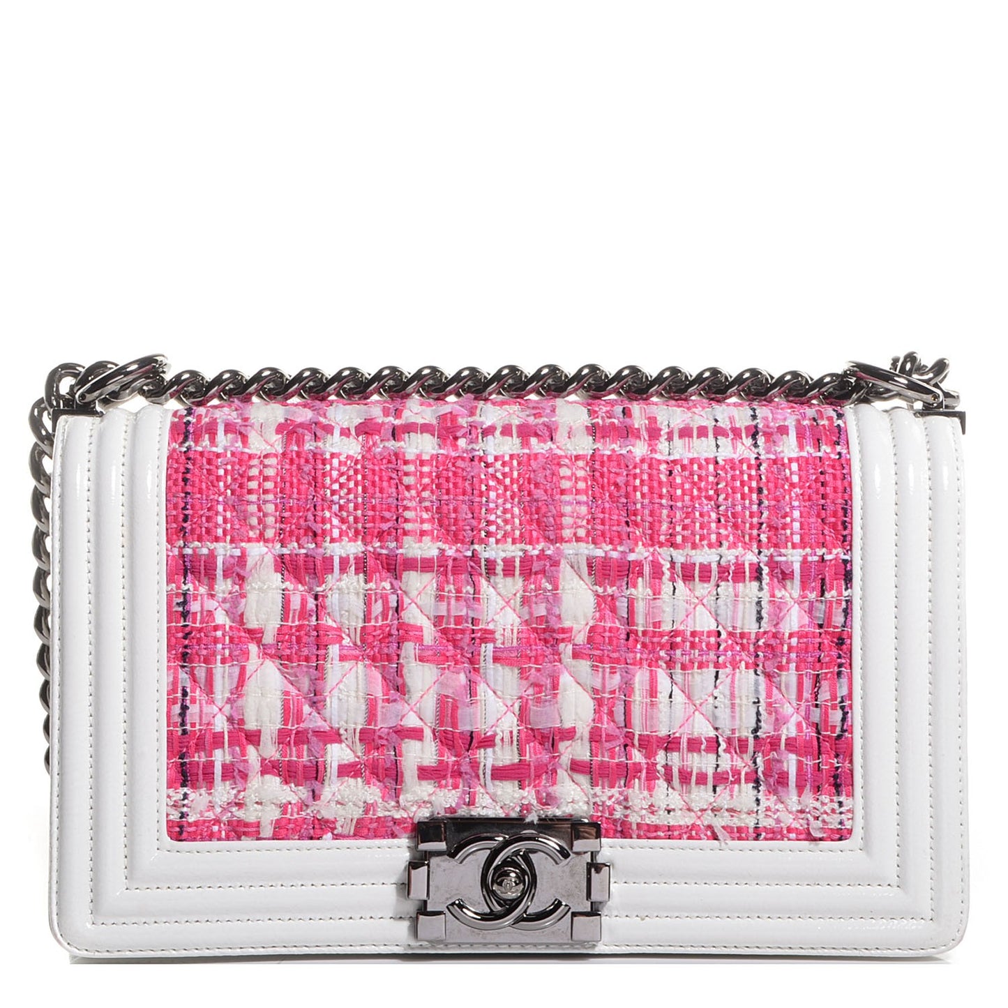 Patent Tweed Medium Boy Flap White