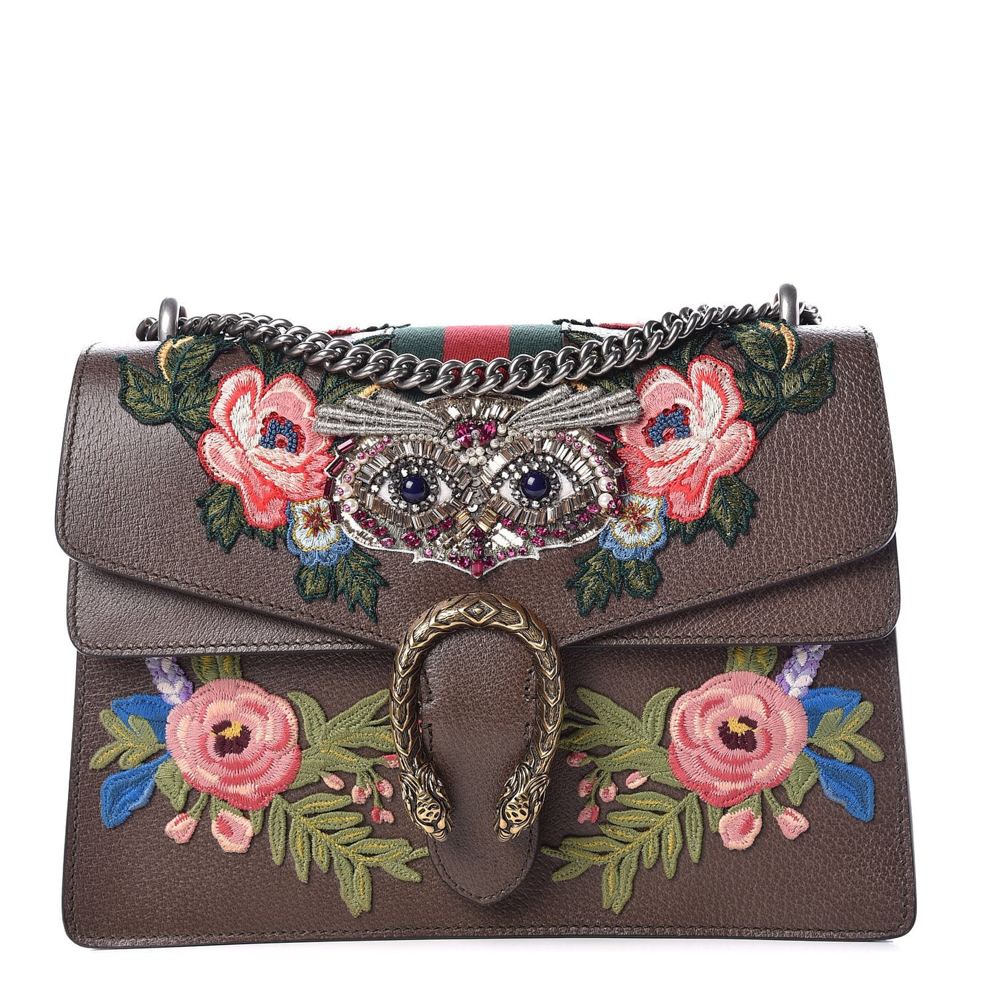 Calfskin Web Owl Embroidered Medium Dionysus Shoulder Bag New Acero Multicolor