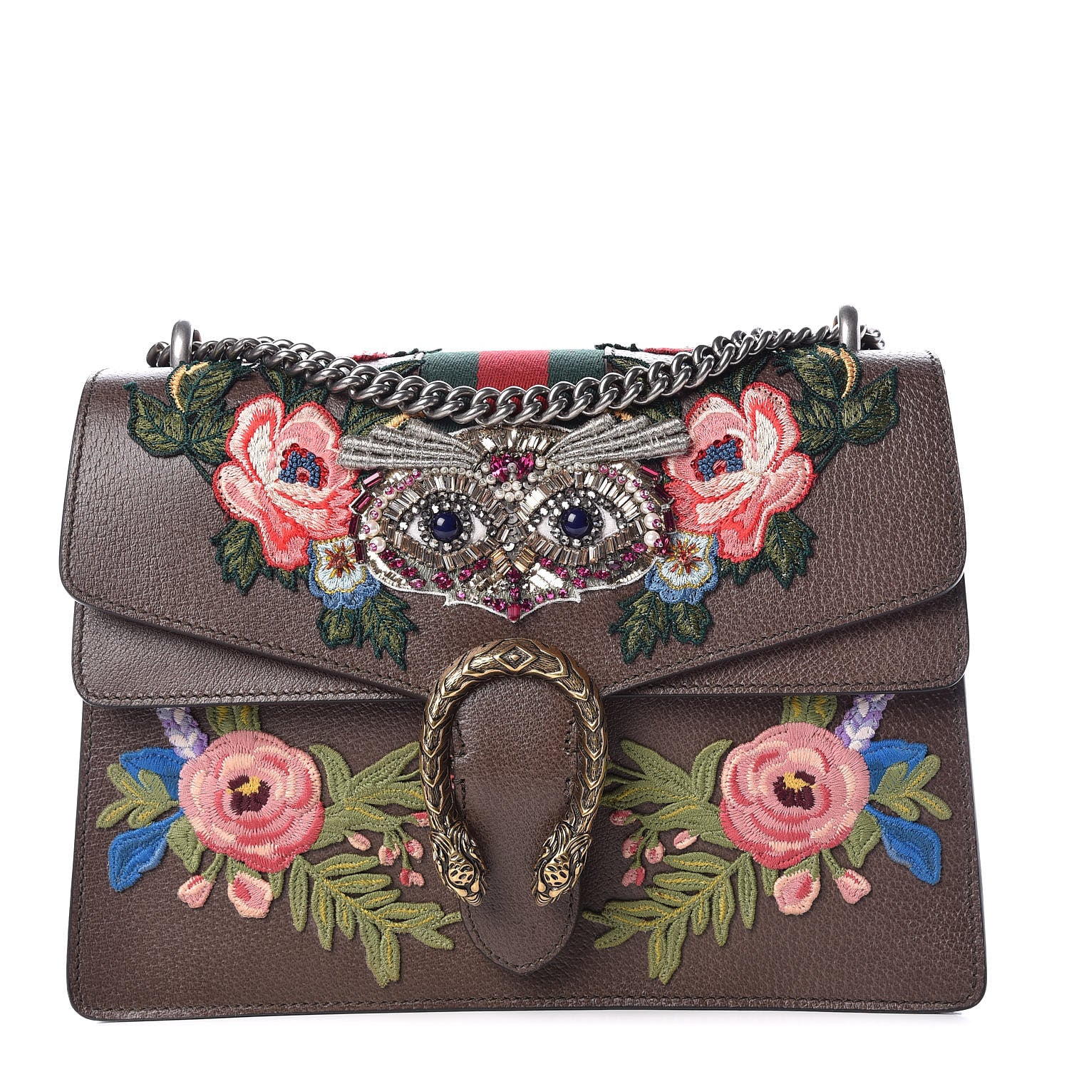 Gucci Calfskin Web Owl Embroidered Medium Dionysus Shoulder Bag New Acero Multicolor 1 of 9