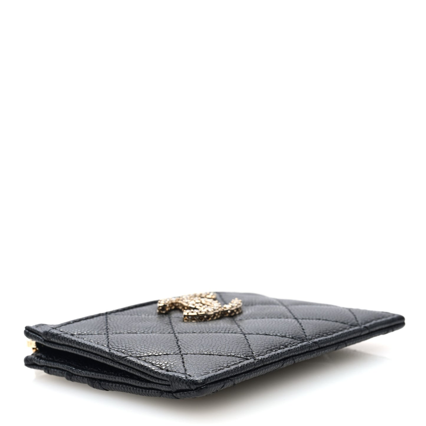 Caviar Quilted Crystal CC Logo Zip Card Holder Black