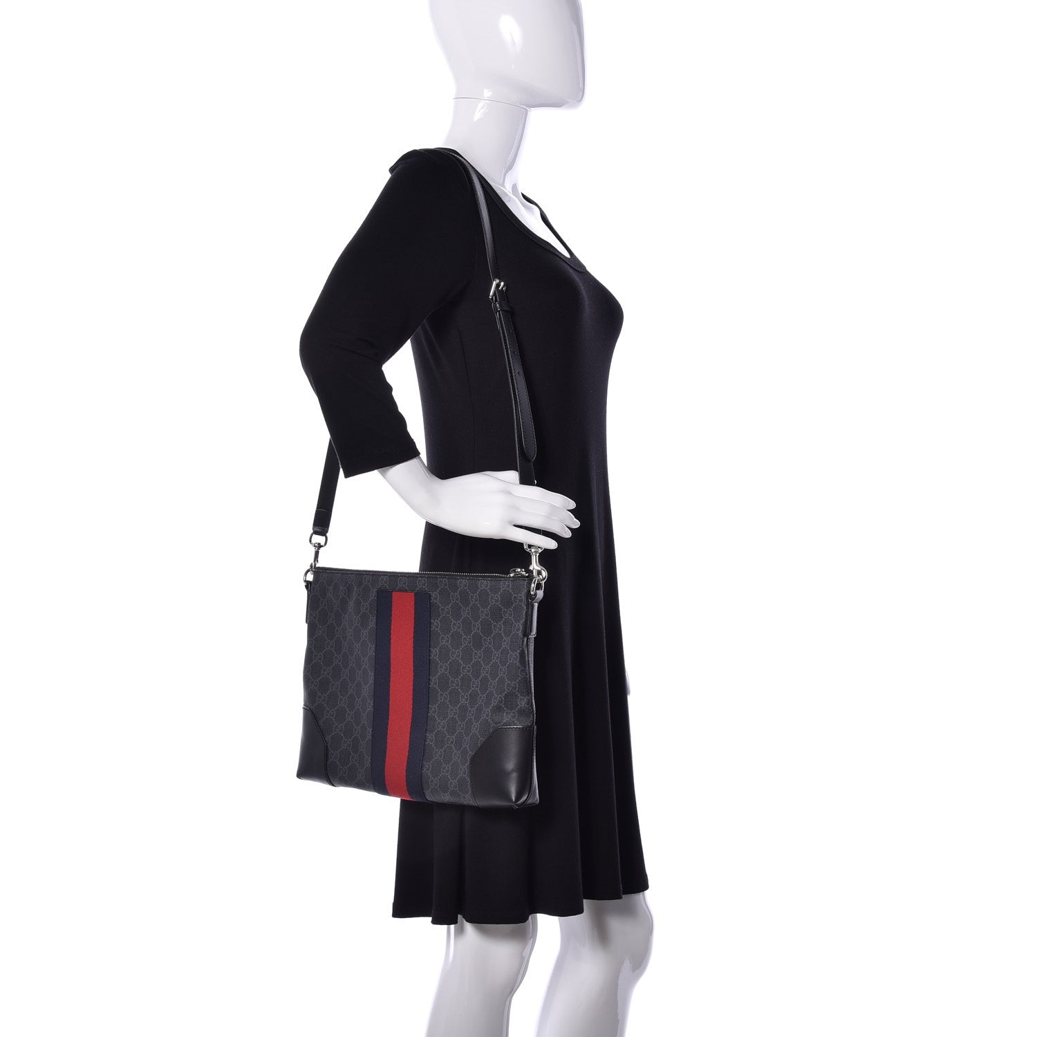 Gucci Soft GG Supreme Monogram Appia Calfskin Web East West Messenger Bag Black Grey 2 of 10