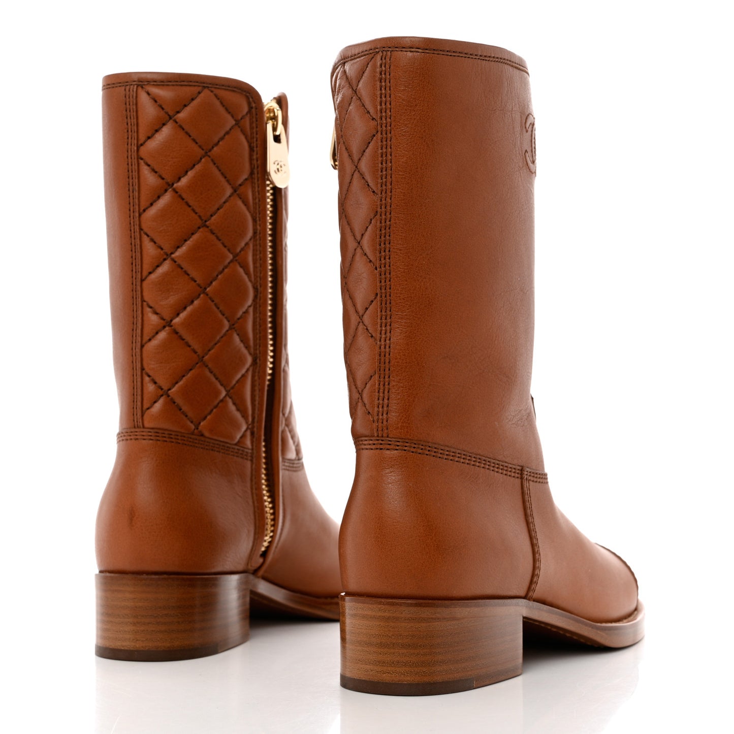 Calfskin CC Logo Mid Calf Boots 38 Caramel