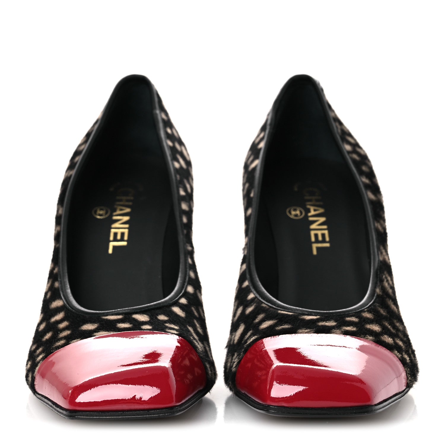 Chanel Pony Hair Lambskin Patent Cap Toe Pumps 40 Black White Dark Red 3 of 10