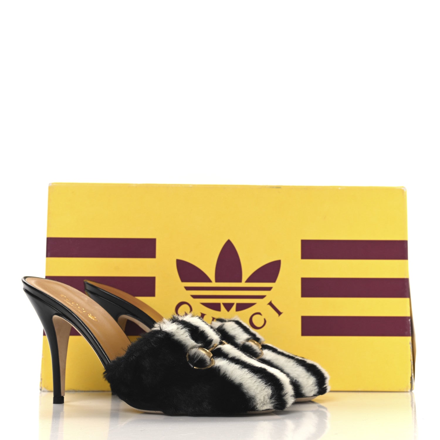 Gucci X ADIDAS Malaga Kid Fur Horsebit High Heel Mules 39.5 Black White 11 of 11