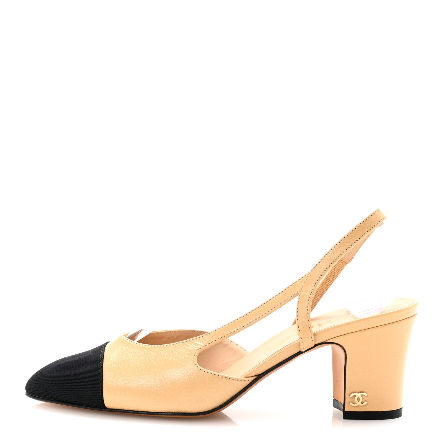 Chanel Goatskin Grosgrain Cap Toe CC Slingback Pumps 36.5 Beige Black 1 of 9