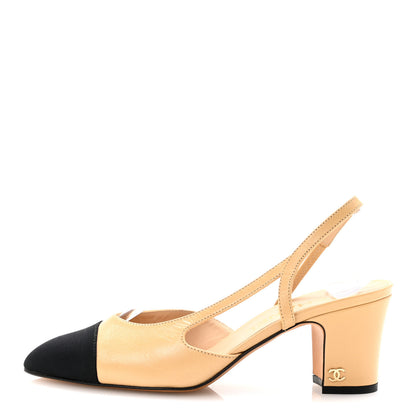 Chanel Goatskin Grosgrain Cap Toe CC Slingback Pumps 36.5 Beige Black 1 of 9