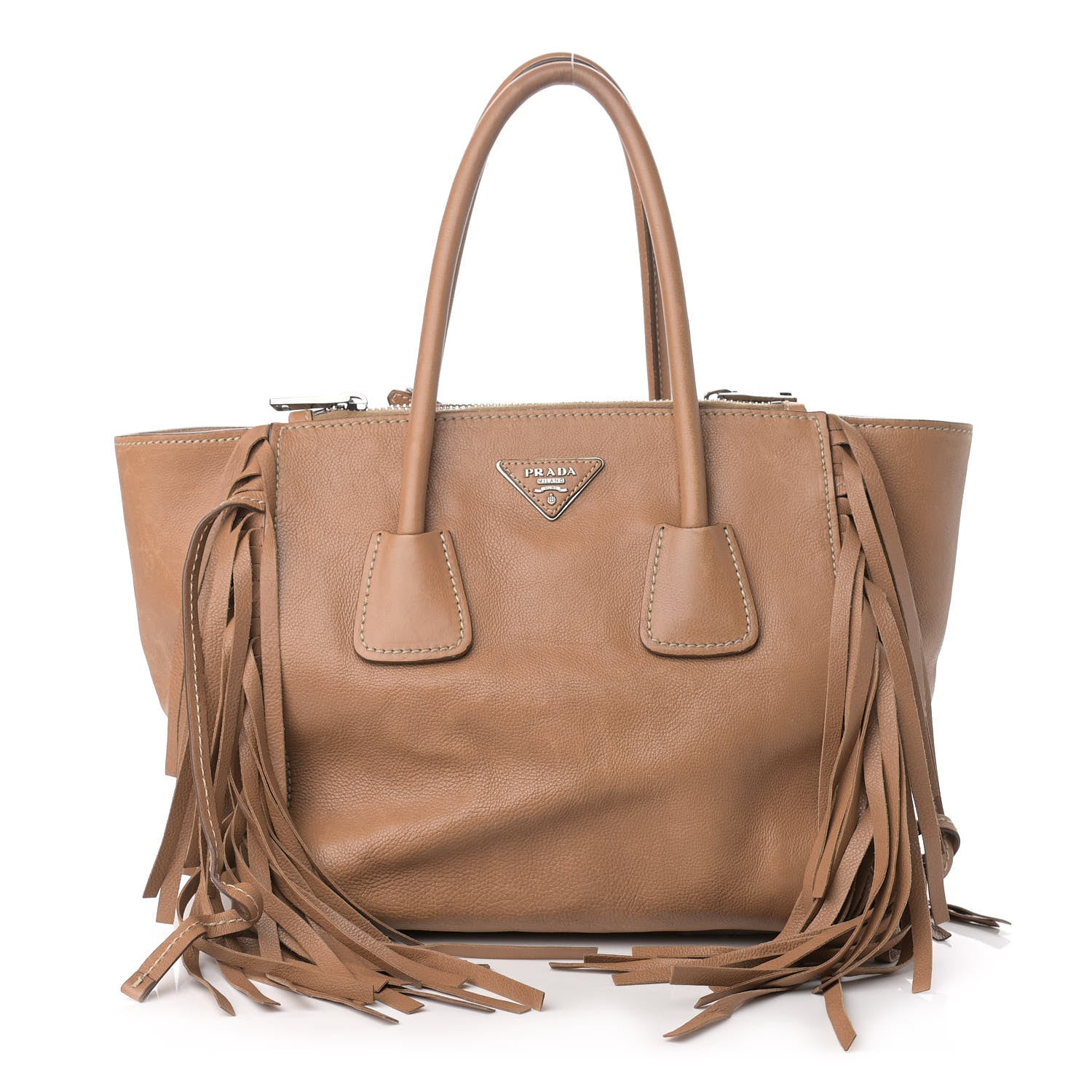 Prada Glace Calf Twin Pocket Fringe Tote Caramel 1 of 9